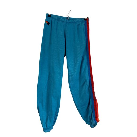 Aviator Nation Blue Neon Rainbow Stripe Logo Sweatpants Women Size Small - Picture 2 of 7